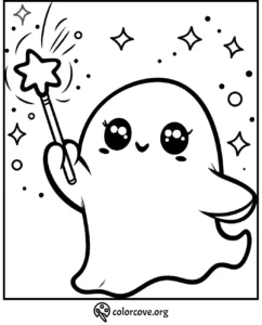 Cute ghost with a magic wand coloring page featuring stars and sparkles. Perfect for kids' creative fun!