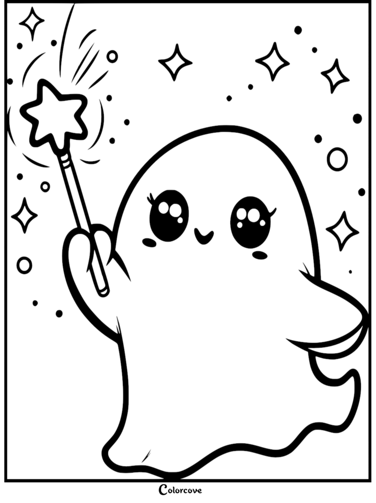 A cute ghost character waving a star-topped magic wand surrounded by twinkling sparkles and dots, line art coloring page.