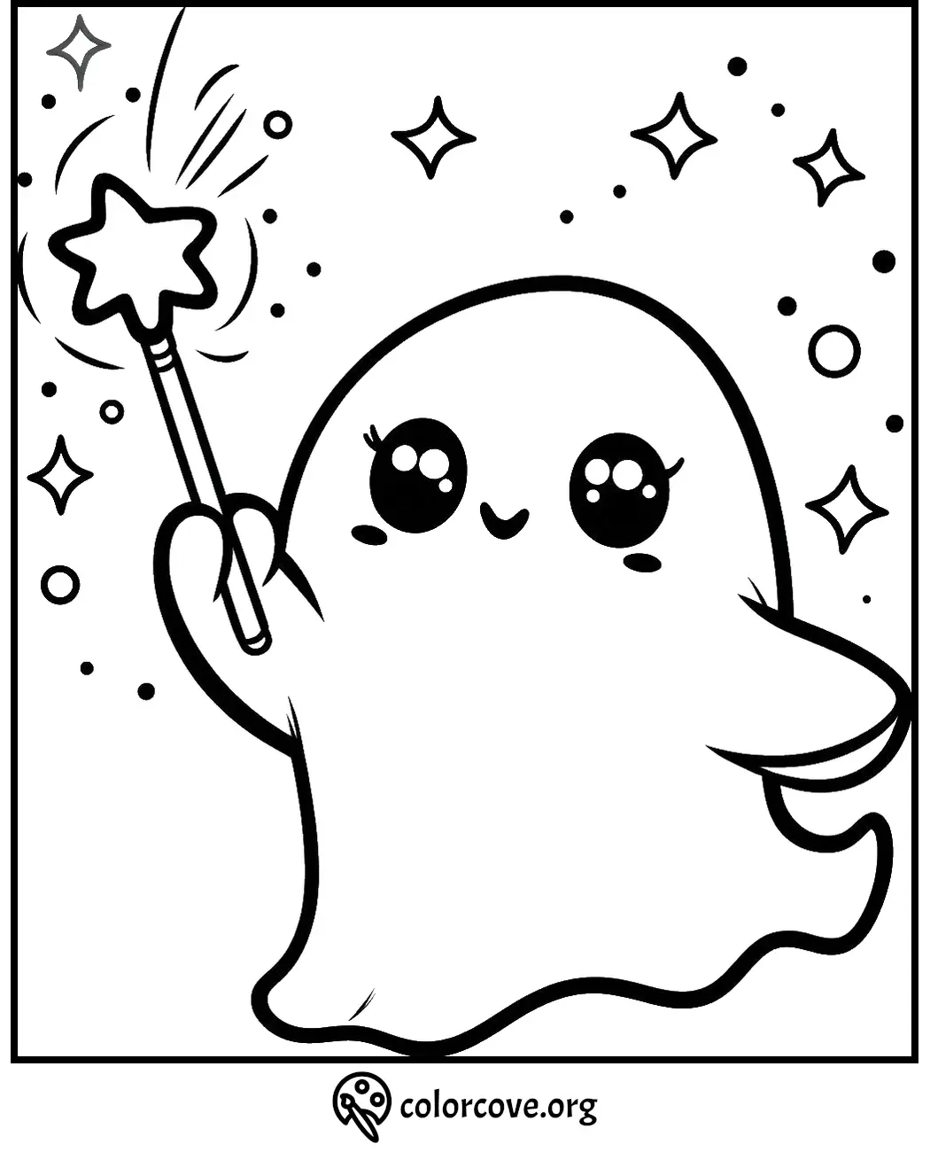 Cute ghost with a magic wand coloring page featuring stars and sparkles. Perfect for kids' creative fun!