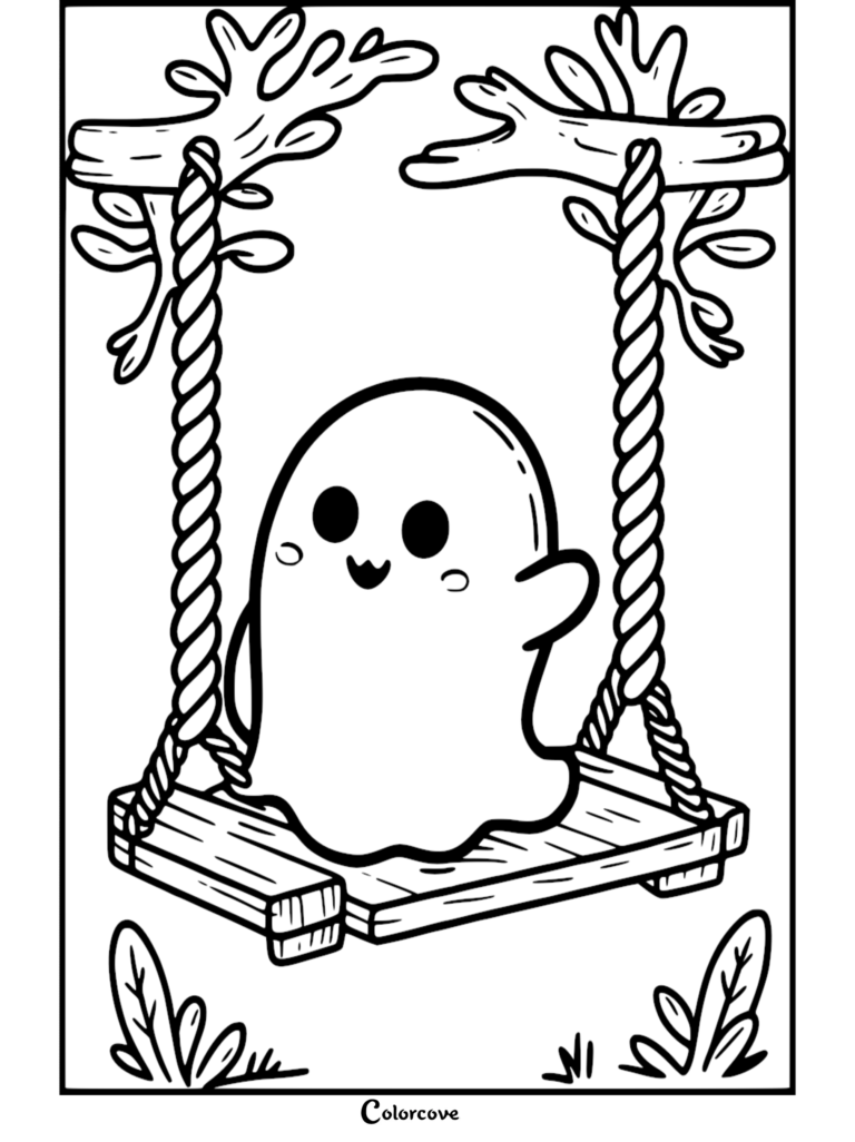 A cute ghost sitting on a wooden rope swing hanging from tree branches, simple line art coloring page.