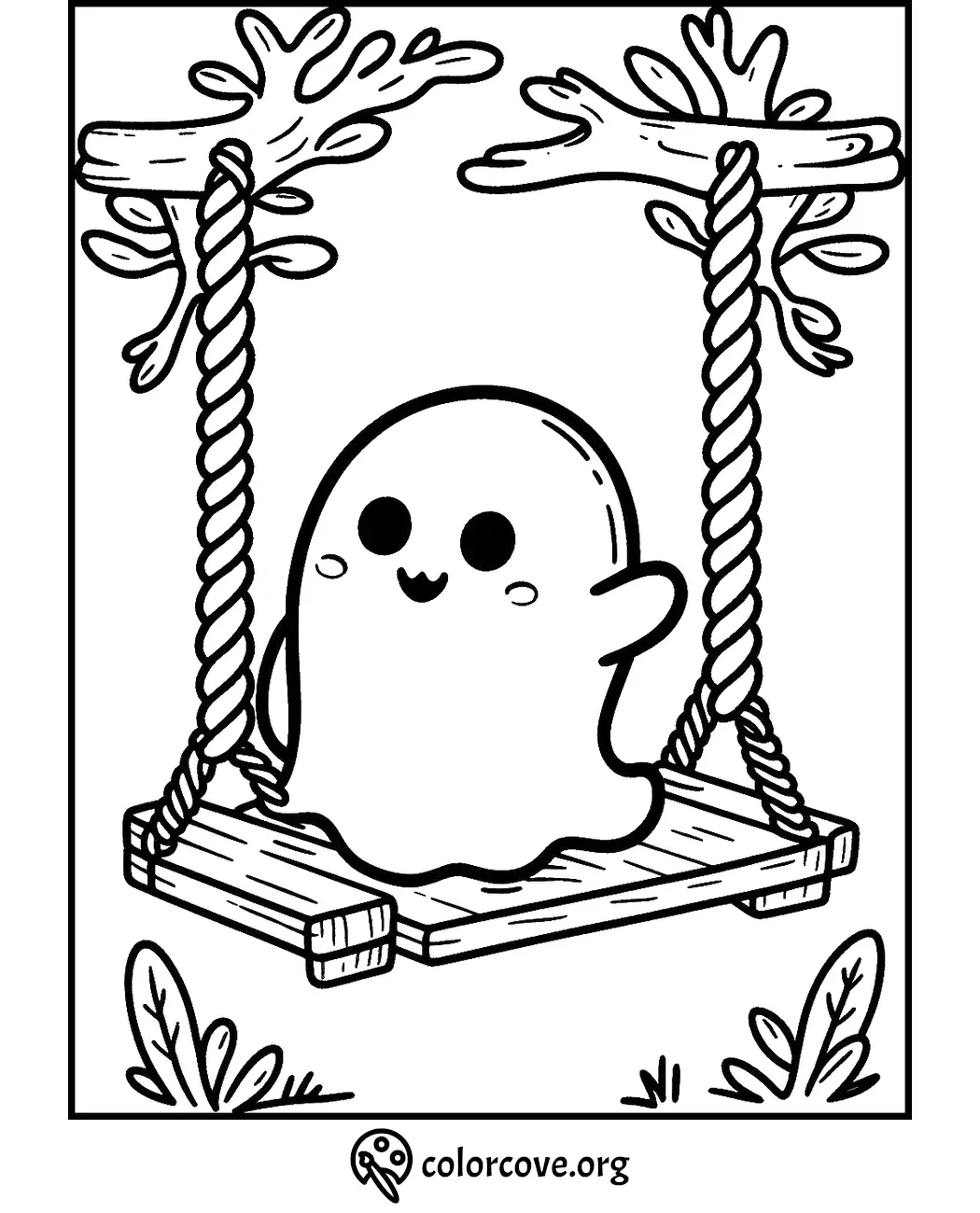 Cute ghost on a swing coloring page for kids, perfect for Halloween fun and creativity.