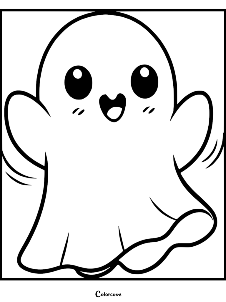 A friendly, kawaii style cute ghost with large eyes and a happy open mouth for a printable coloring page.