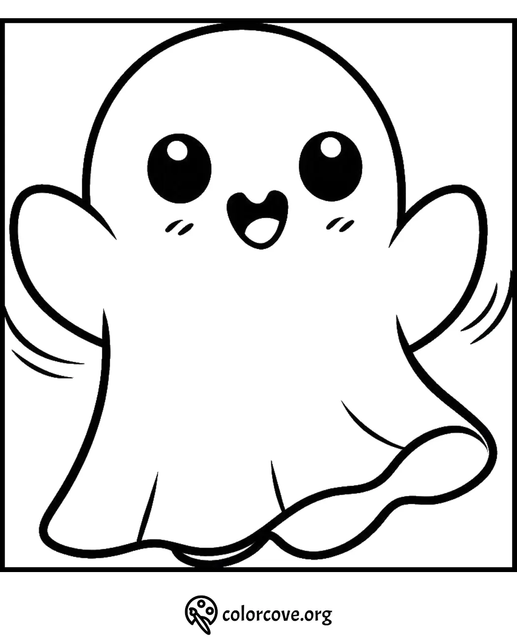 Cute ghost coloring page for kids, featuring an adorable, smiling cartoon ghost. Perfect for Halloween fun!