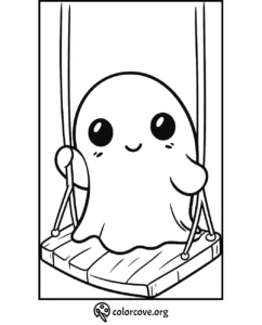 Cute ghost on a swing coloring page for kids. Fun Halloween activity from ColorCove.org.