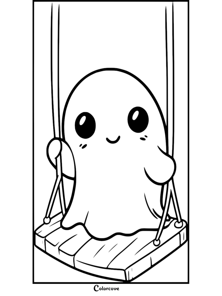 A cute ghost with large eyes smiling while sitting on a wooden swing, line art coloring page.