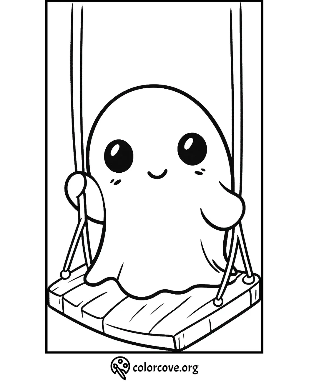 Cute ghost on a swing coloring page for kids. Fun Halloween activity from ColorCove.org.