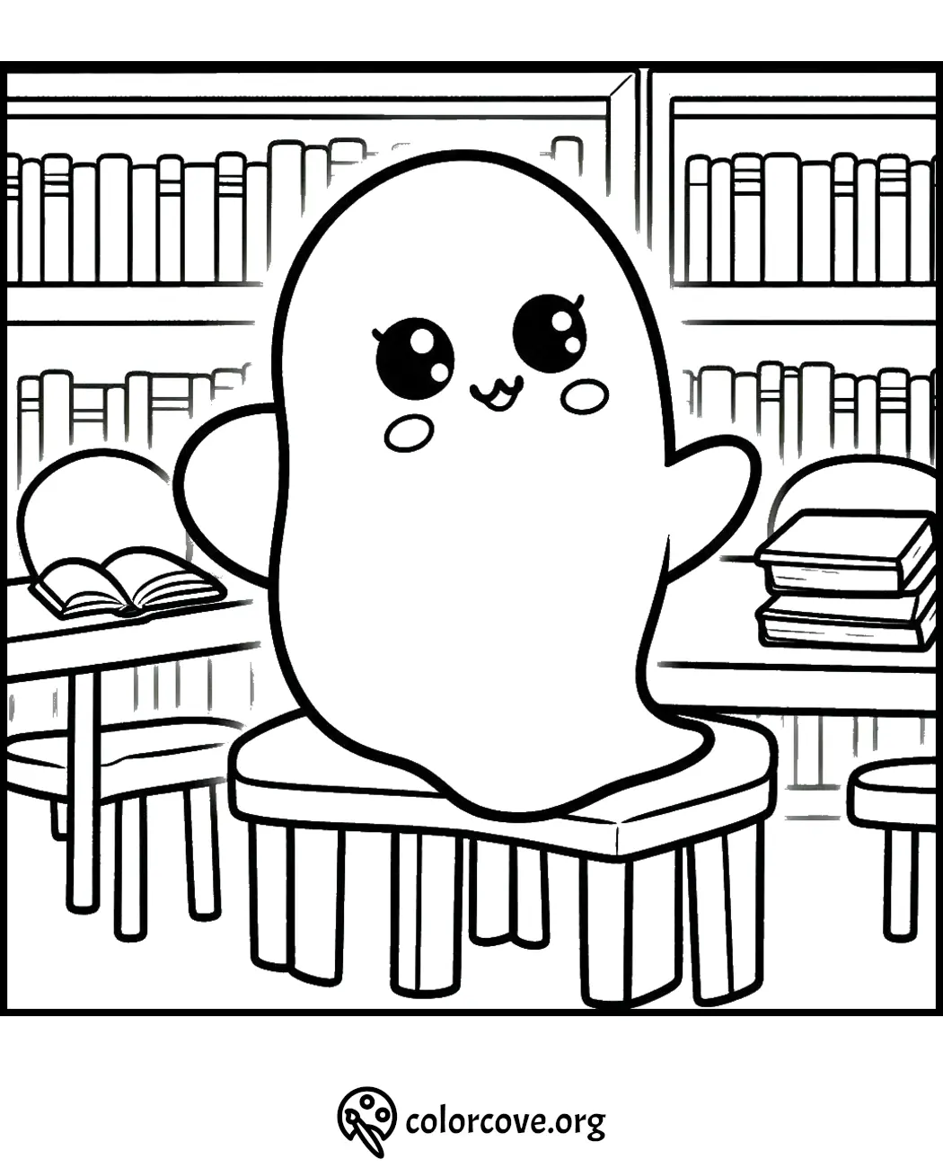 Cute ghost in a library coloring page, surrounded by books and cozy chairs. Perfect for kids' creative fun!