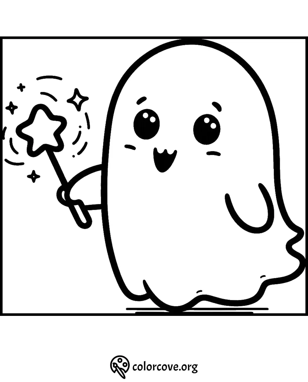 Cute ghost with magic star wand, coloring page for kids, printable fun activity.