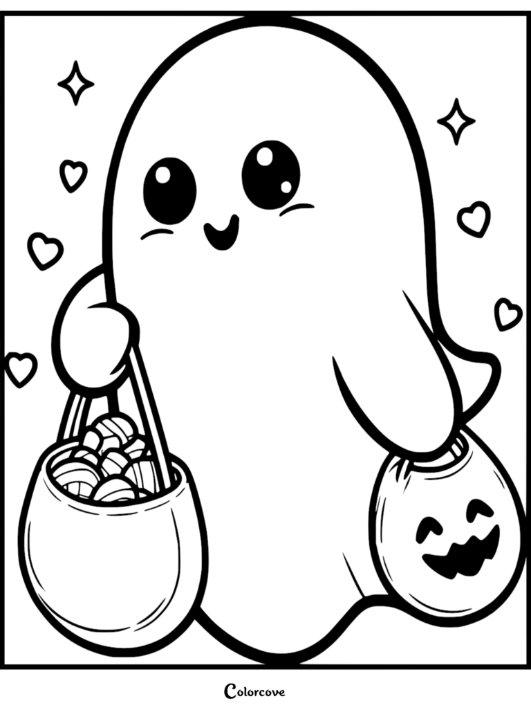 A cute ghost coloring page featuring a small spirit holding a bucket filled with wrapped candies and a jack-o'-lantern pumpkin bucket, surrounded by floating hearts and four-pointed stars.