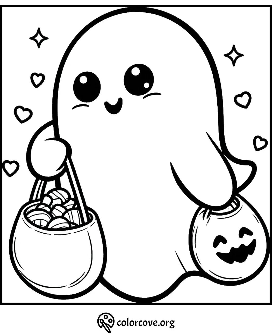 Cute ghost with candy bags coloring page, perfect for Halloween fun and creativity.