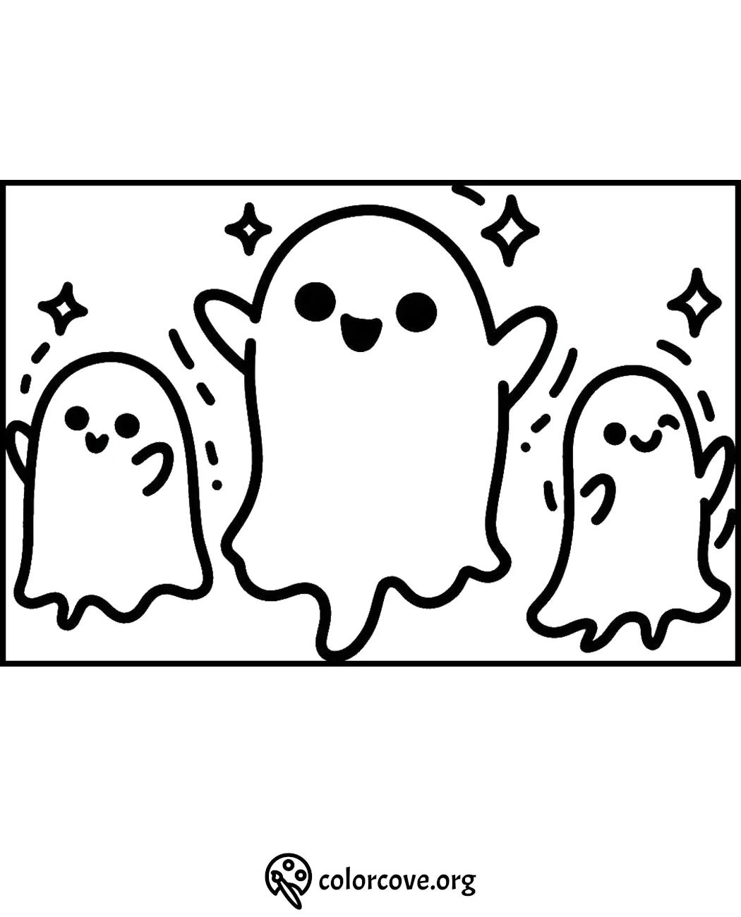 Cute ghosts coloring page for kids with simple outlines and stars, perfect for Halloween creative activities.