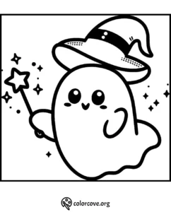 Cute ghost witch coloring page with a magic wand and hat, perfect for Halloween-themed activities and fun.