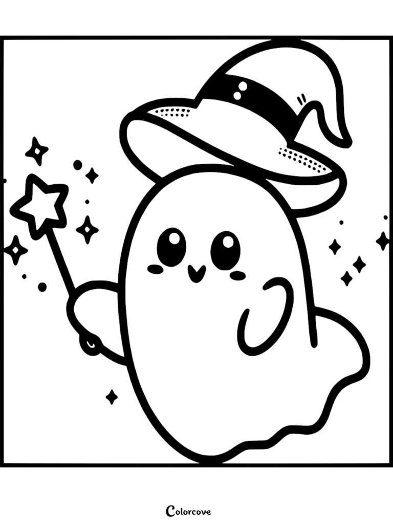 A free cute ghost coloring page featuring a small spirit wearing a pointed witch hat while holding a star-tipped magic wand surrounded by sparkling glimmers.