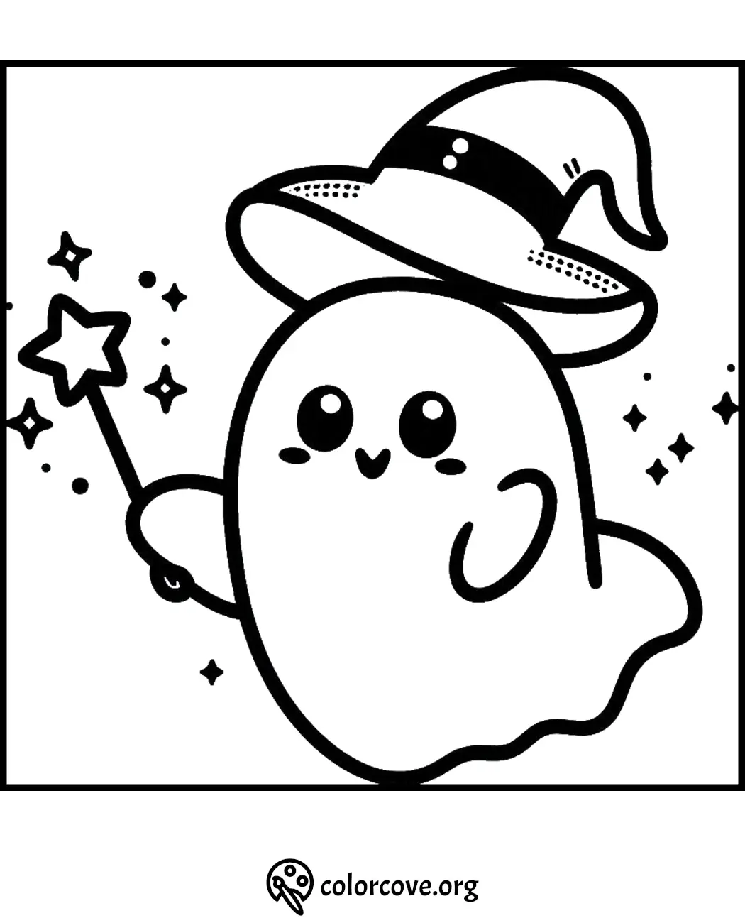 Cute ghost witch coloring page with a magic wand and hat, perfect for Halloween-themed activities and fun.