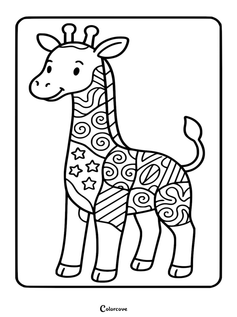 Una linda jirafa con intrincados patrones de estrellas, remolinos y rayas en su cuerpo en esta página para colorear imprimible gratuita.