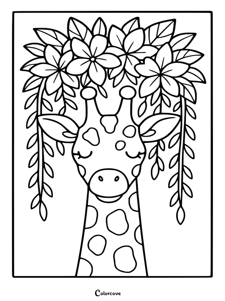 Una linda jirafa con los ojos cerrados que lleva una gran corona floral de hojas y flores en esta página para colorear imprimible gratuita.