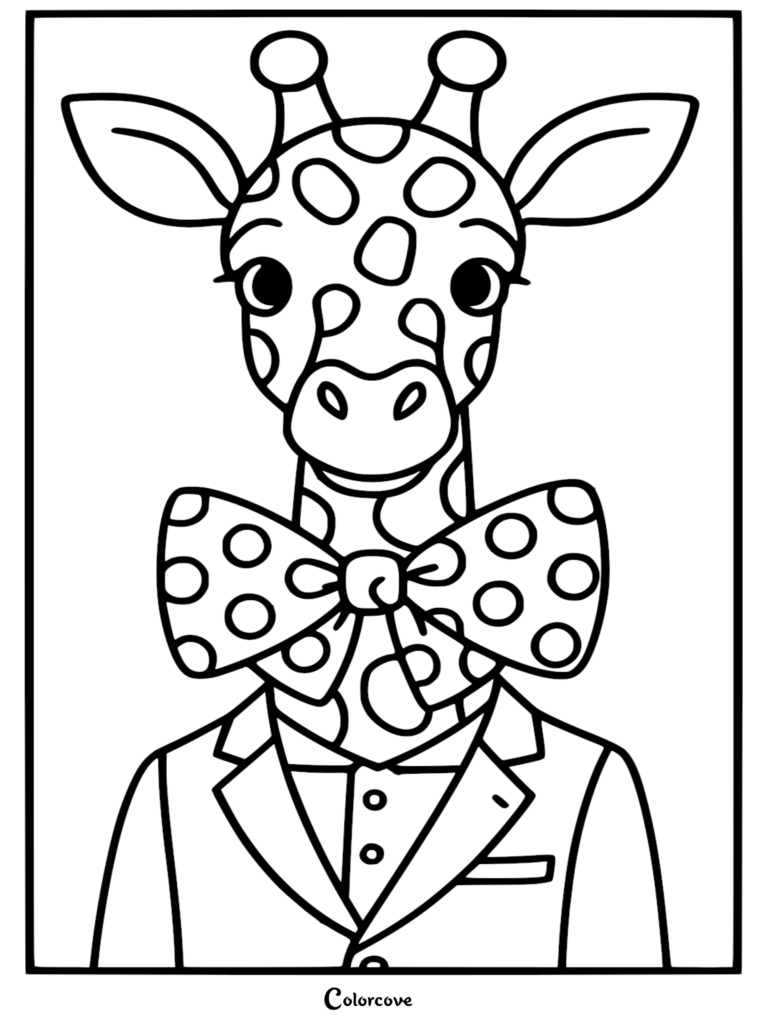 Una linda jirafa que lleva una pajarita de lunares y una chaqueta de traje formal en esta página para colorear imprimible.