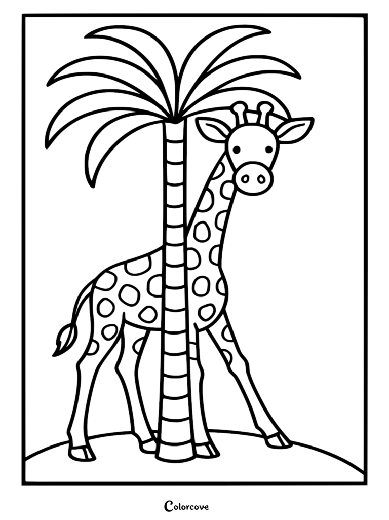 Una linda jirafa de pie detrás de una palmera en esta página para colorear gratuita para imprimir.