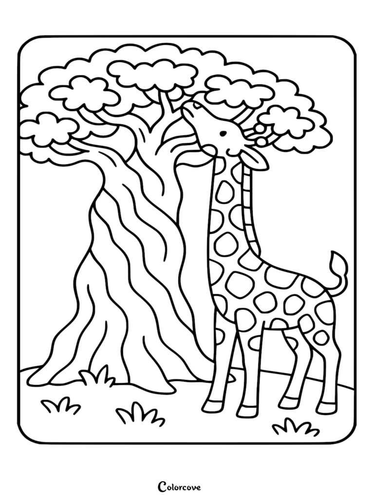 Una linda jirafa comiendo hojas de un árbol alto en esta página para colorear gratuita para imprimir.