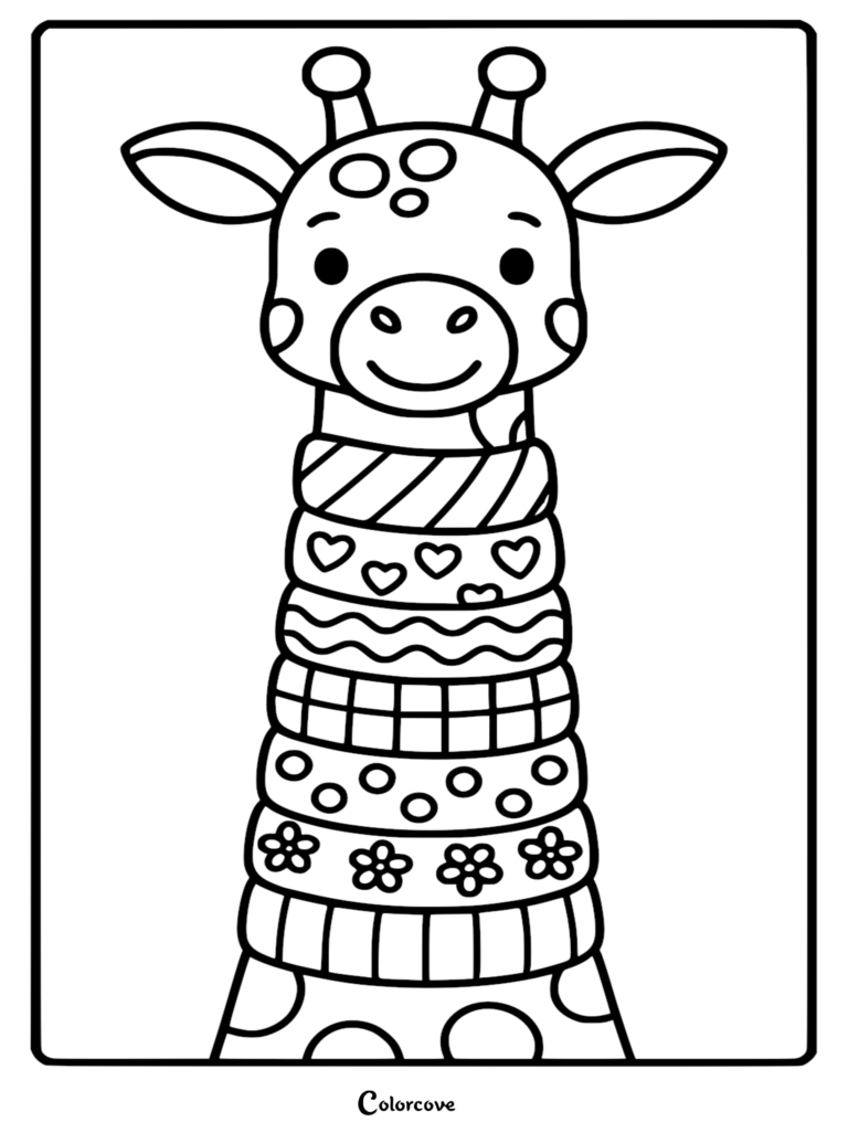 Una linda jirafa con un cuello estampado que presenta corazones, olas y flores en esta página para colorear imprimible gratuita.