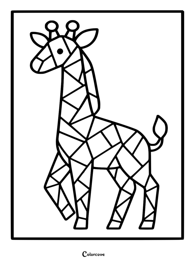 Una página para colorear de una linda jirafa de estilo geométrico con patrones triangulares y poligonales en su cuerpo.