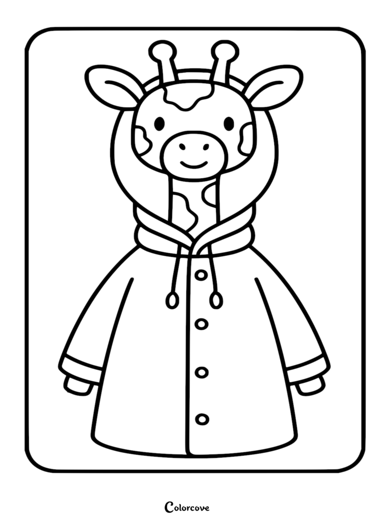 Una linda jirafa usando una chaqueta con capucha en esta página para colorear imprimible de arte lineal.