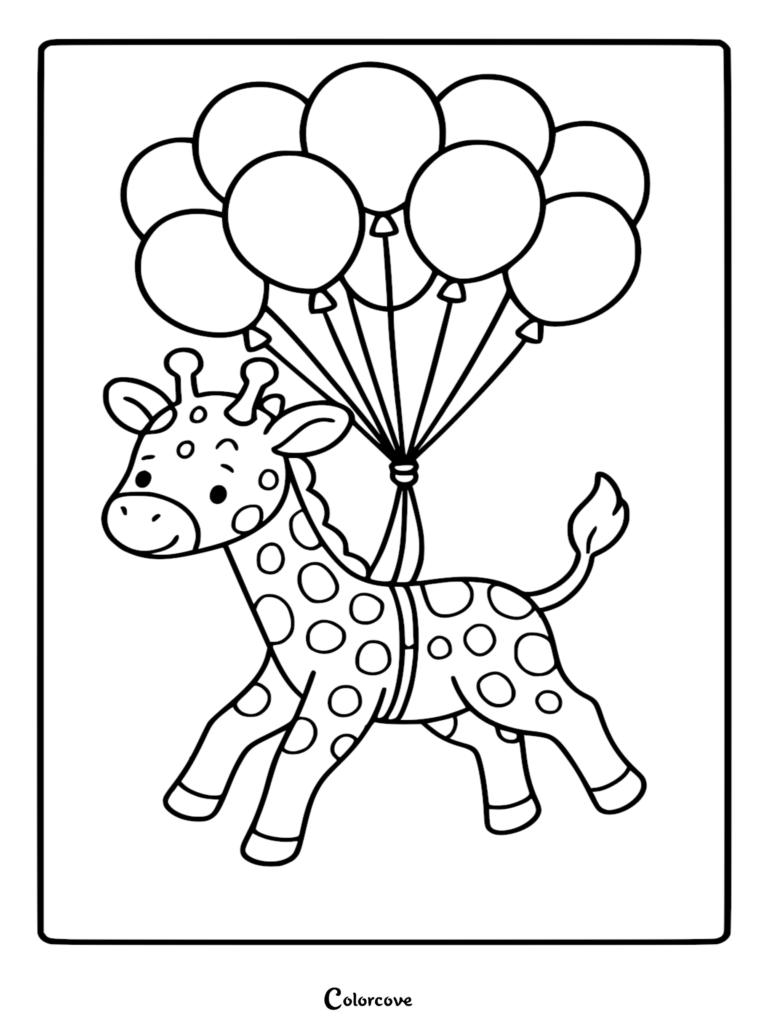 Una linda jirafa flotando en el aire sosteniendo un gran ramo de globos, página para colorear de arte lineal.