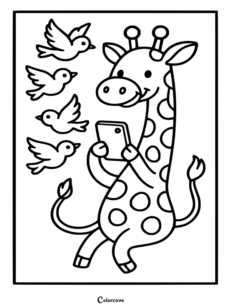 Una linda jirafa sosteniendo un teléfono inteligente rodeada de cuatro pájaros voladores en esta página para colorear imprimible.