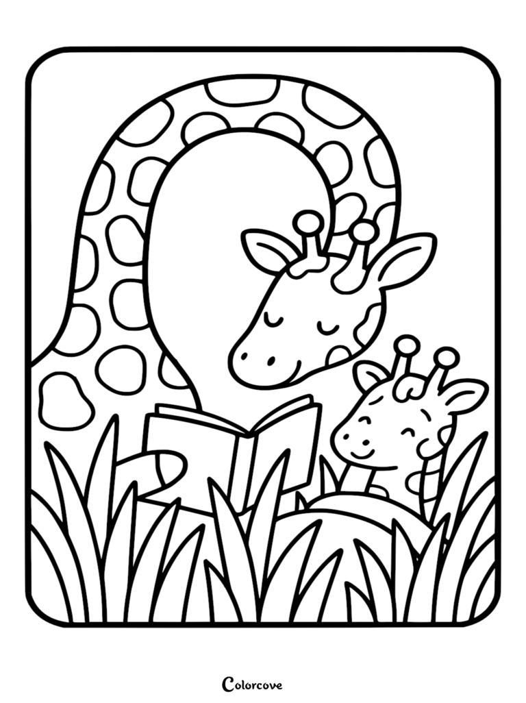 Una madre jirafa leyéndole un libro a su cría entre la hierba alta, página para colorear imprimible.