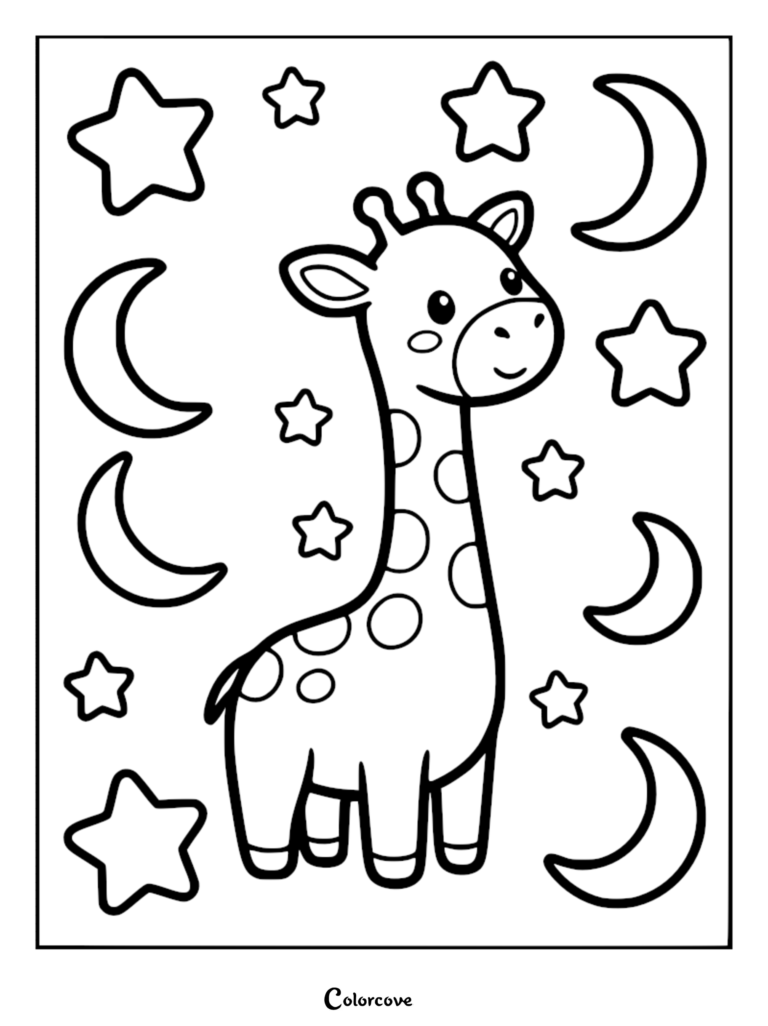 Una linda jirafa de pie entre estrellas y lunas crecientes en esta página para colorear imprimible.