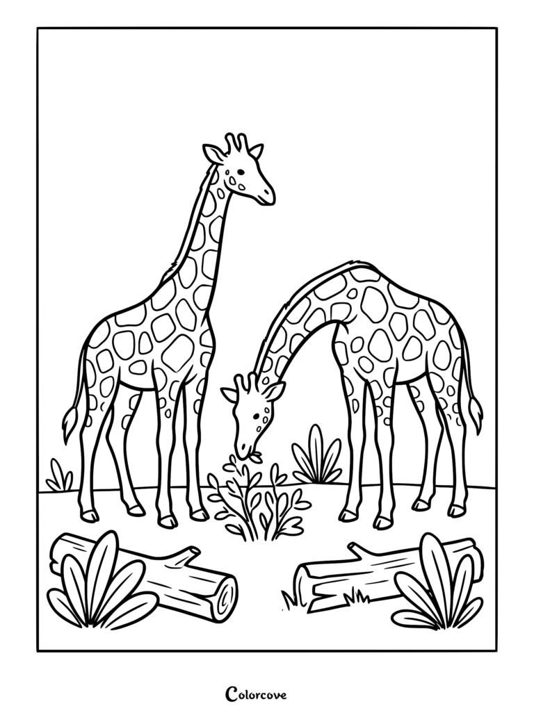 Una página para colorear imprimible que muestra dos jirafas de pie en un campo de hierba con troncos, una erguida y otra pastando en un arbusto.