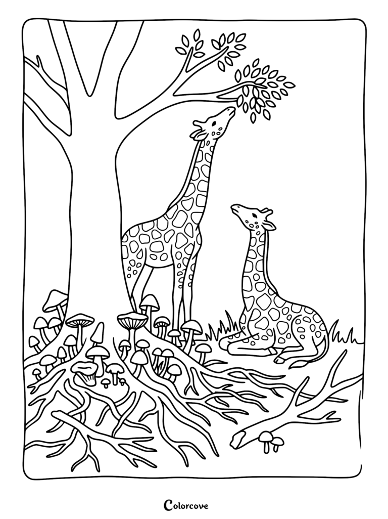 Una página para colorear que presenta a una jirafa alta comiendo hojas de un árbol mientras una jirafa más pequeña descansa en el suelo entre hongos y raíces de árboles.
