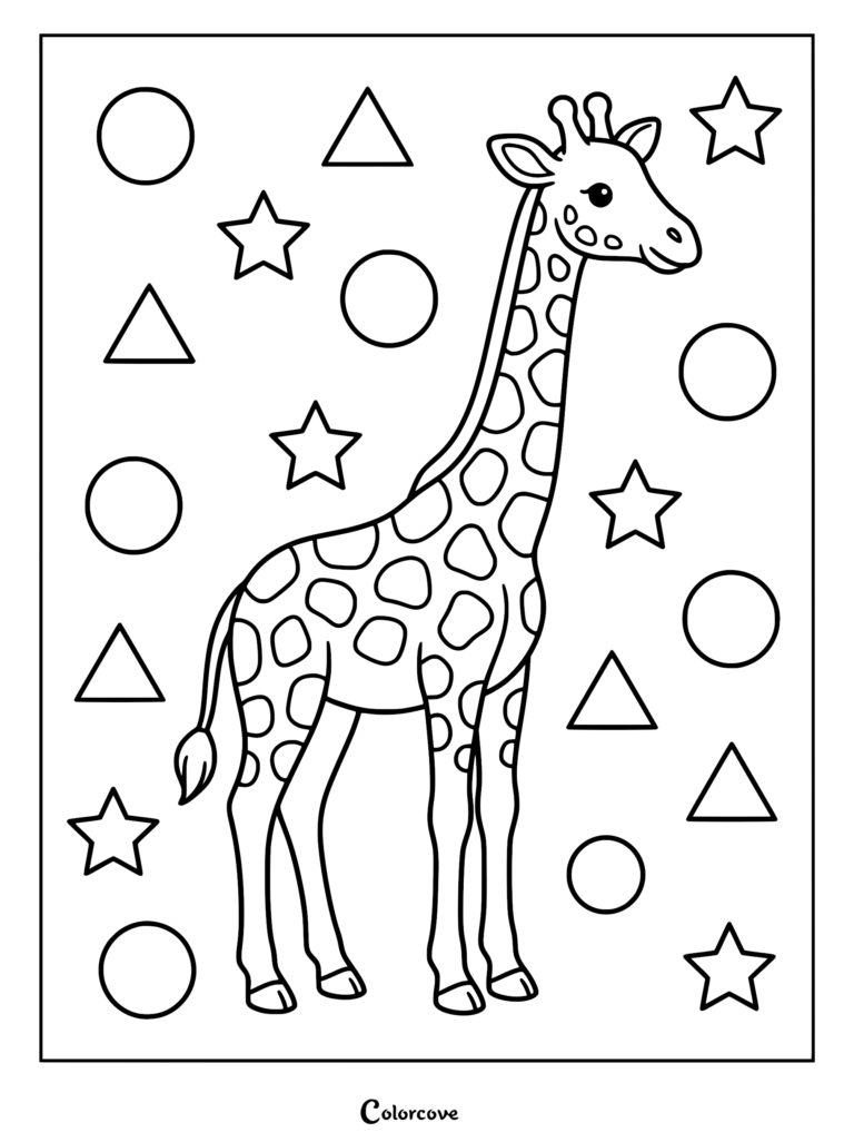 Lindo jirafa rodeada de círculos, triángulos y estrellas en una página para colorear imprimible.