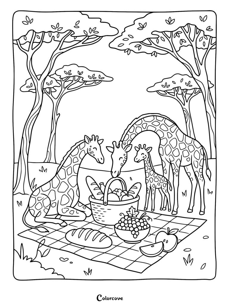 Una linda familia de jirafas haciendo un picnic en la sabana en esta página para colorear imprimible que incluye pan, fruta y una canasta.