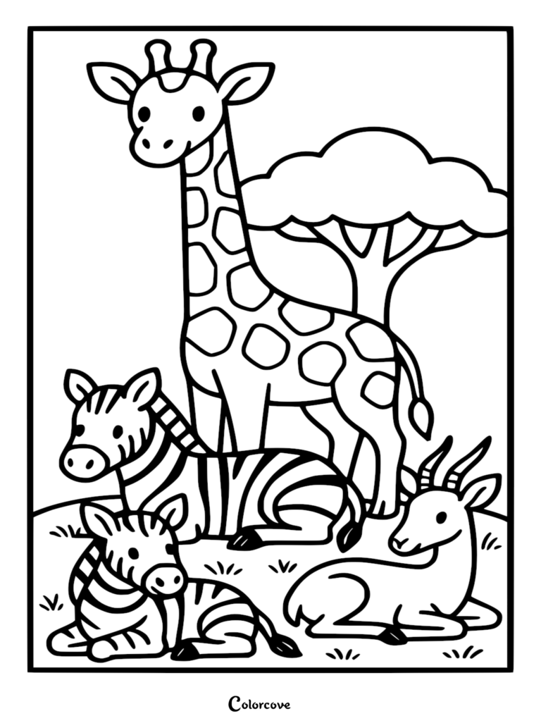 Una linda jirafa de pie detrás de dos cebras y un antílope en una página para colorear con una escena de la sabana.