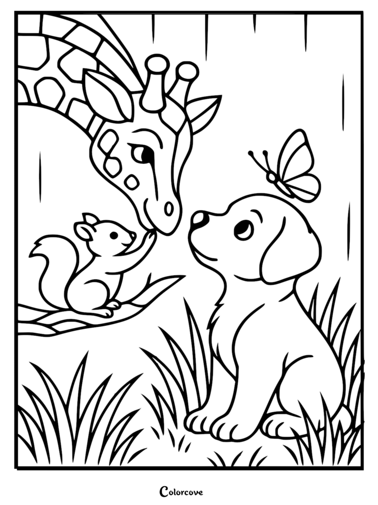 Una linda jirafa, una ardilla y un cachorro con una mariposa en la cabeza en esta página para colorear gratuita para imprimir.