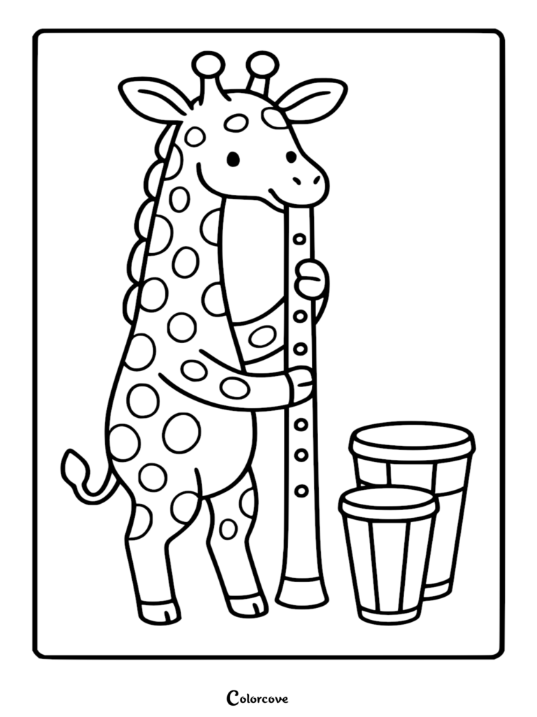 Una linda jirafa sosteniendo una flauta larga con dos tambores cerca en esta página para colorear imprimible.