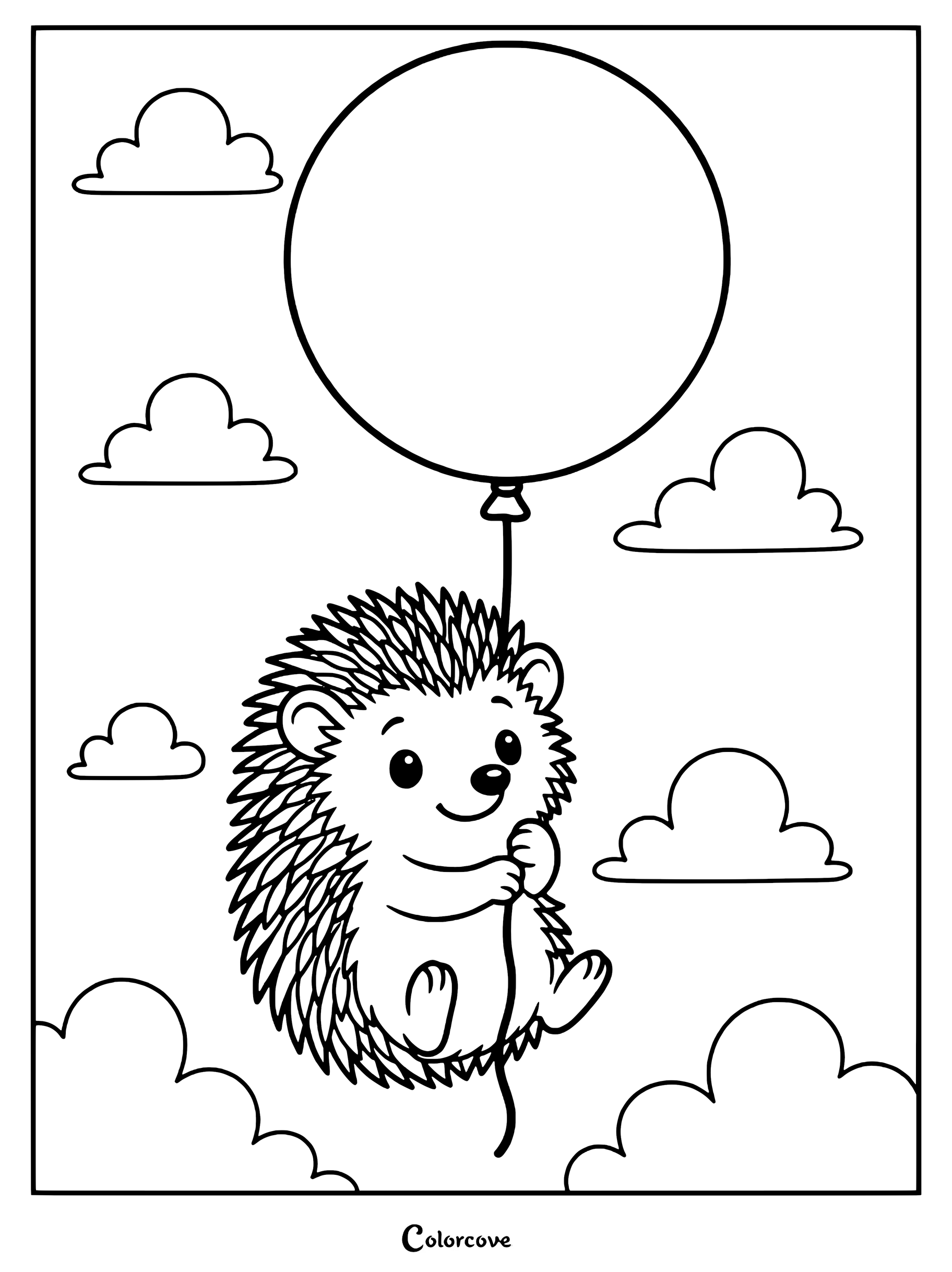 Un adorable hérisson agrippé à un gros ballon dans le ciel, à colorier sur une page à imprimer.