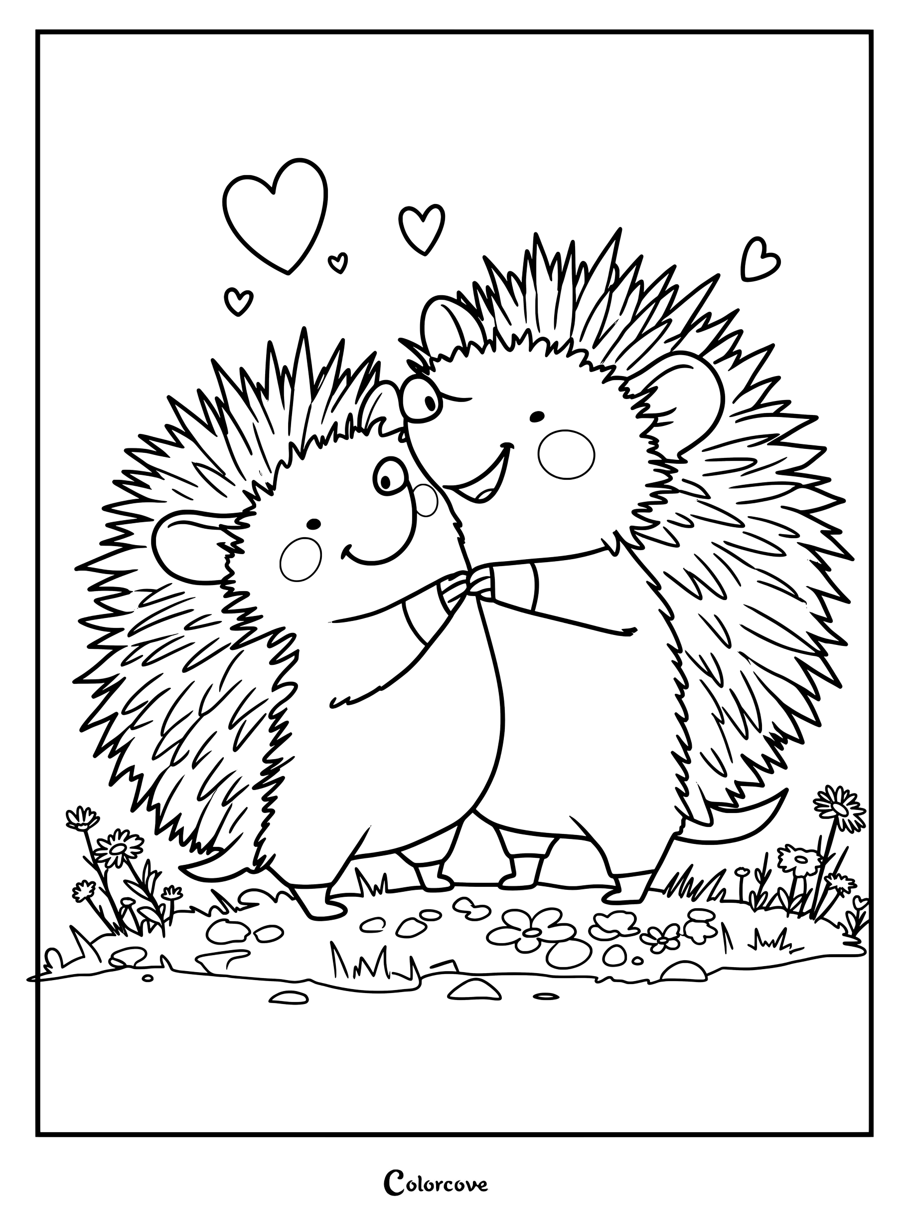 Deux adorables hérissons s'enlaçant dans une prairie fleurie avec des cœurs flottants, sur cette page de coloriage à imprimer.