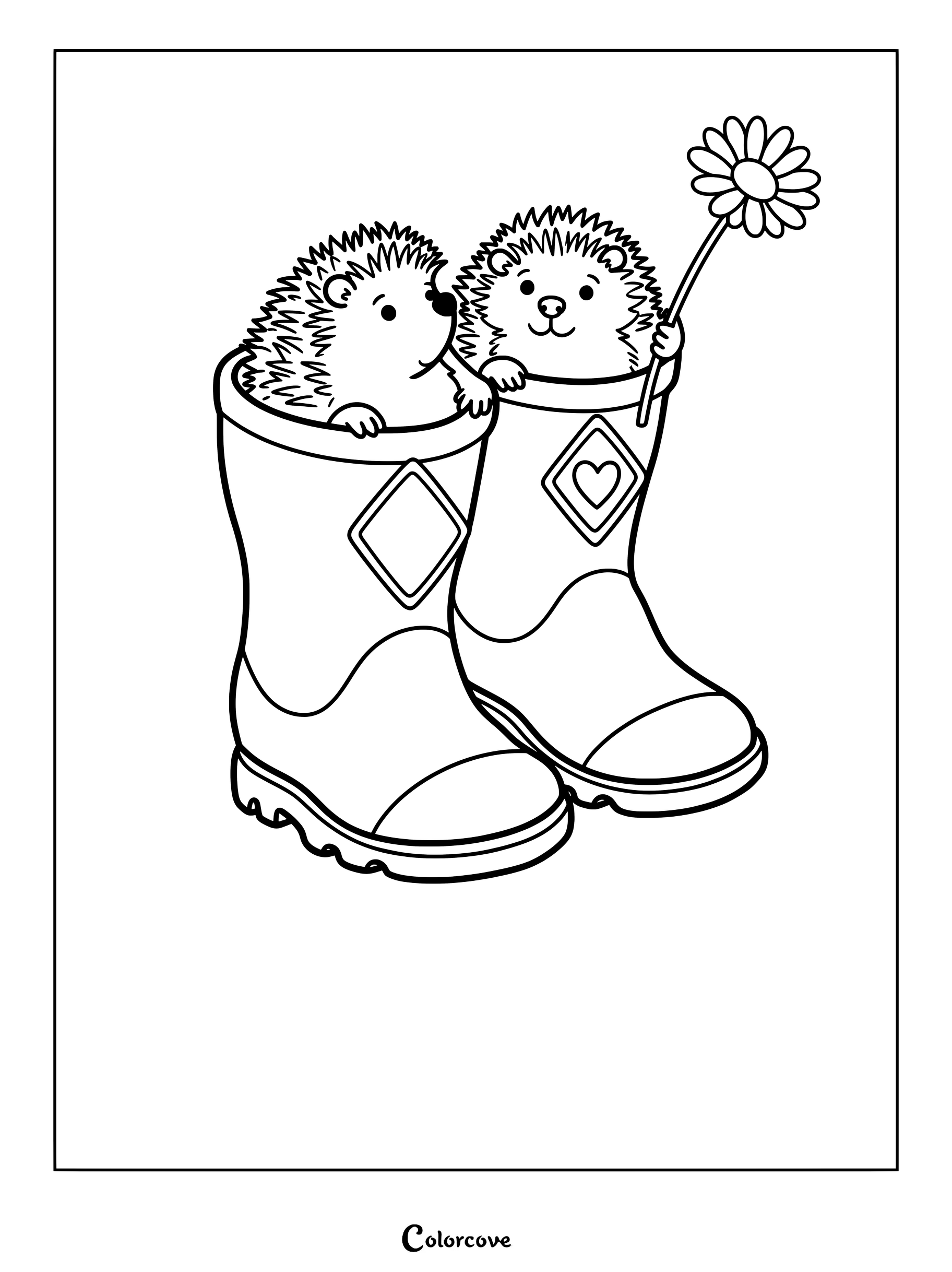 Deux adorables hérissons assis dans des bottes de pluie en caoutchouc, l'un tenant une marguerite, figurent sur cette page de coloriage à imprimer.