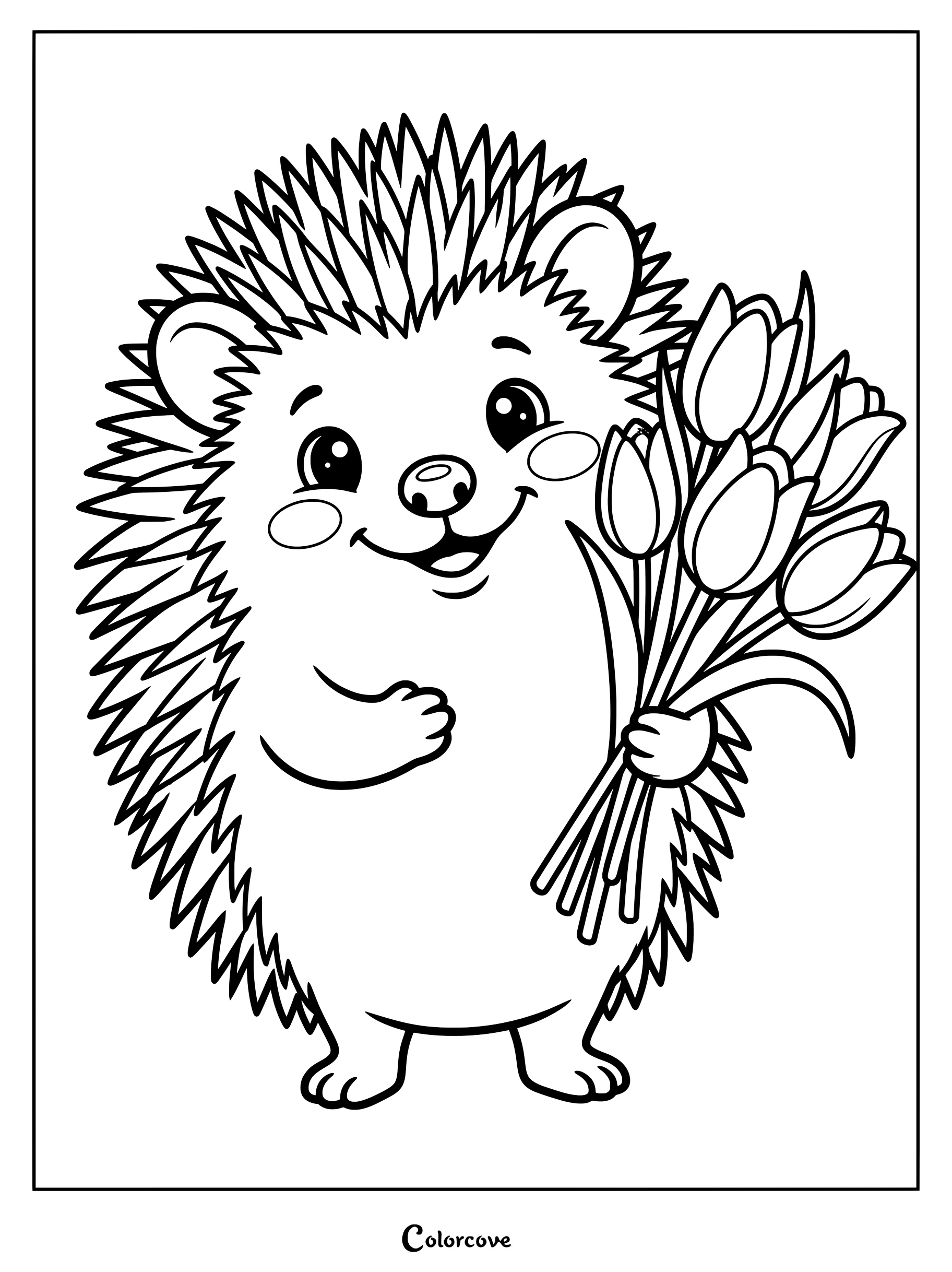 Un adorable hérisson tenant un bouquet de tulipes sur cette page de coloriage à imprimer.