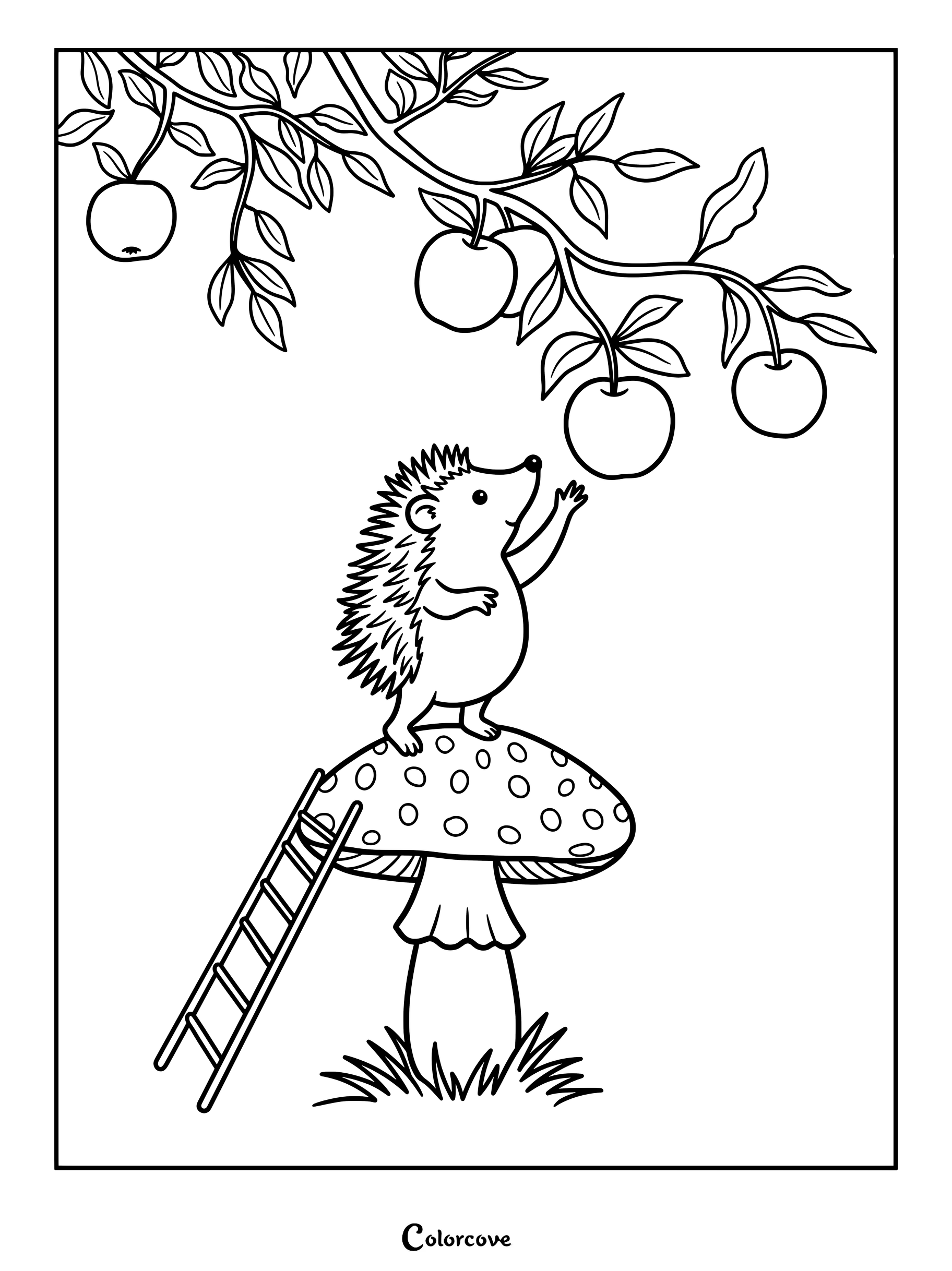 Sur cette page de coloriage à imprimer, un adorable hérisson se tient debout sur un champignon tacheté et utilise une échelle pour attraper une pomme suspendue à une branche d'arbre.