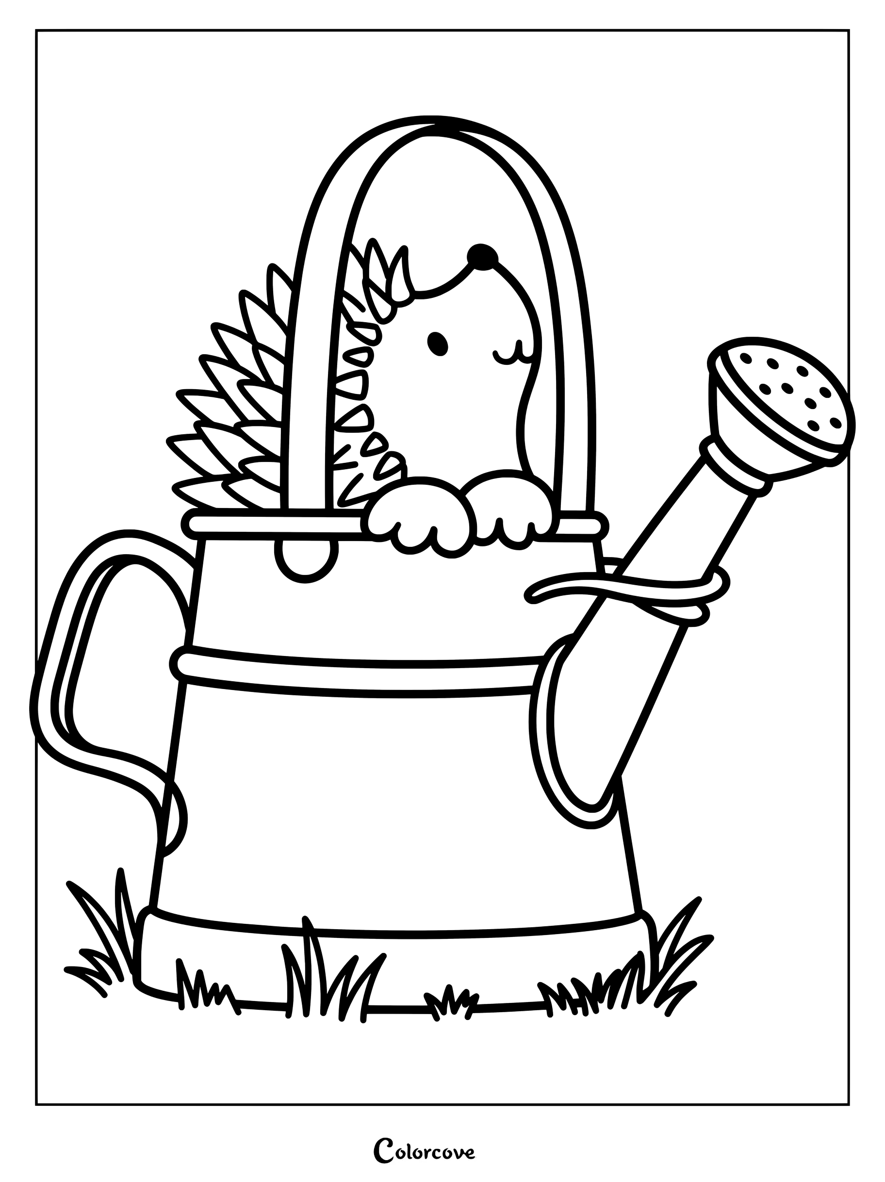 Un adorable hérisson assis dans un arrosoir en métal, dessin au trait à colorier.