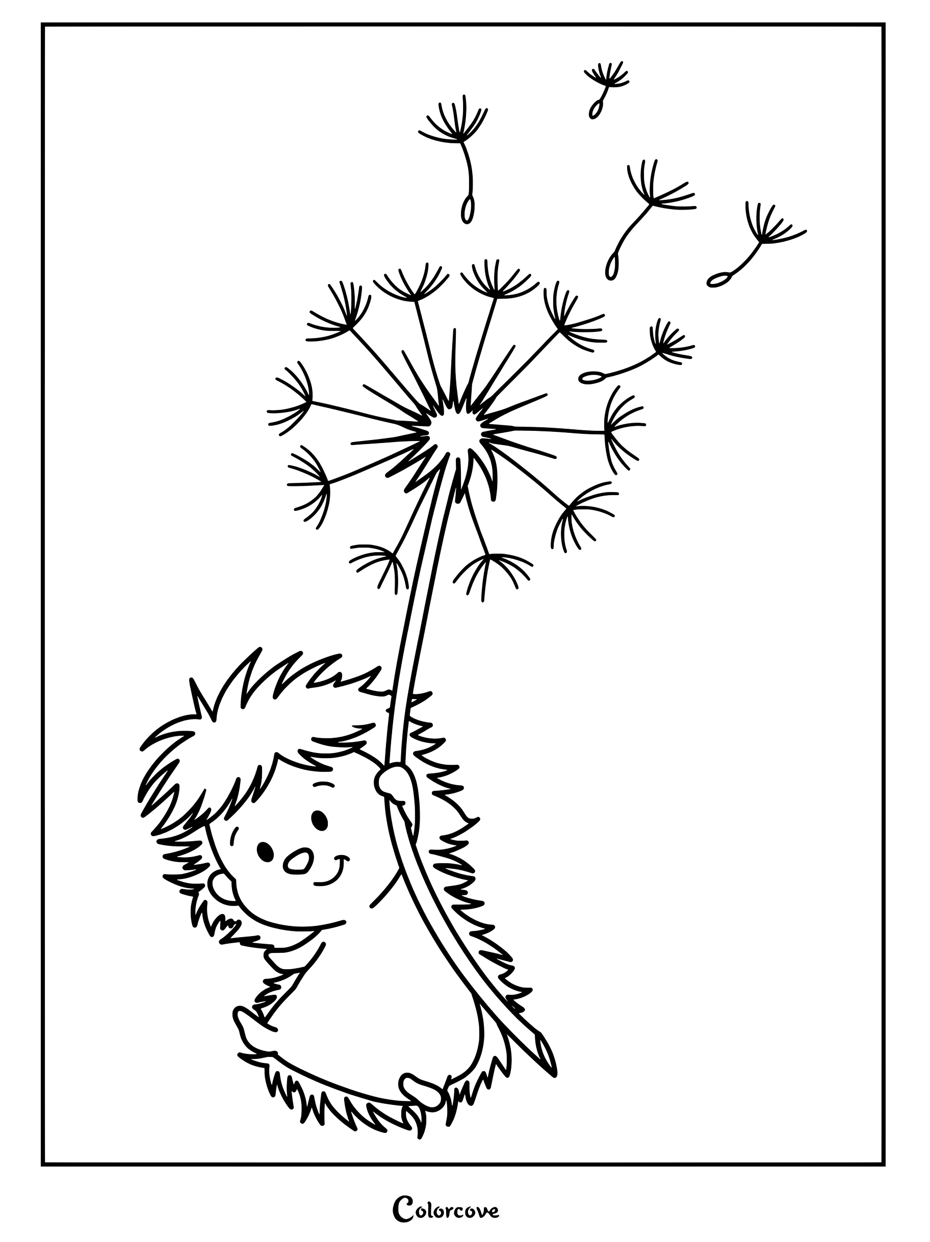 Un adorable hérisson tenant un gros pissenlit dont les graines s'envolent, sur cette page de coloriage à imprimer.
