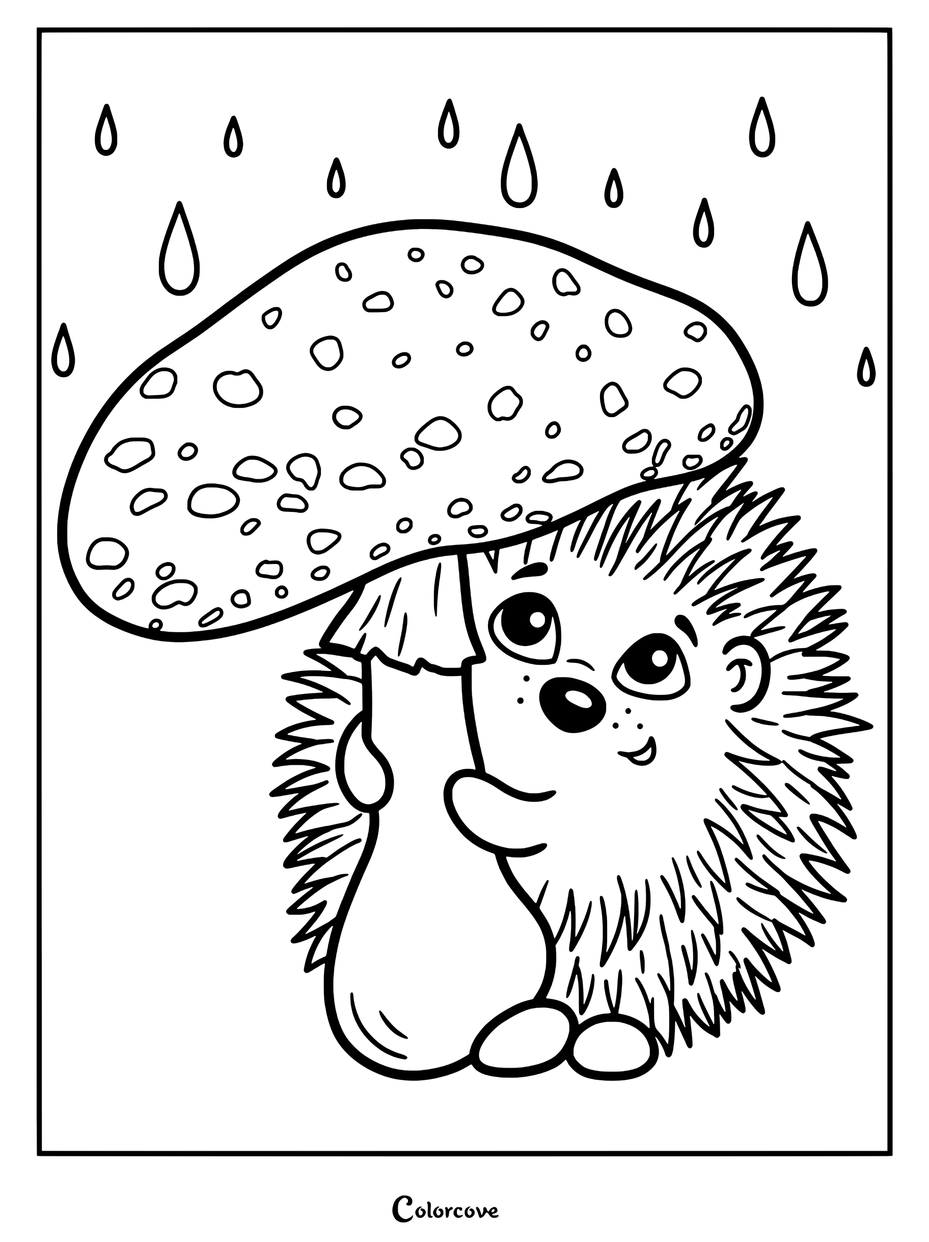 Un adorable hérisson se sert d'un gros champignon tacheté comme d'un parapluie pendant un orage : voici un dessin à colorier à imprimer.
