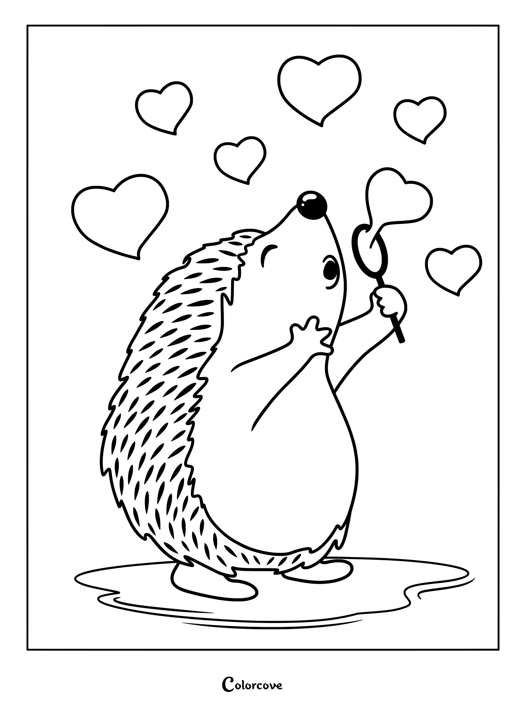 Un adorable hérisson tenant une baguette magique et soufflant des bulles en forme de cœur sur cette page de coloriage à imprimer.