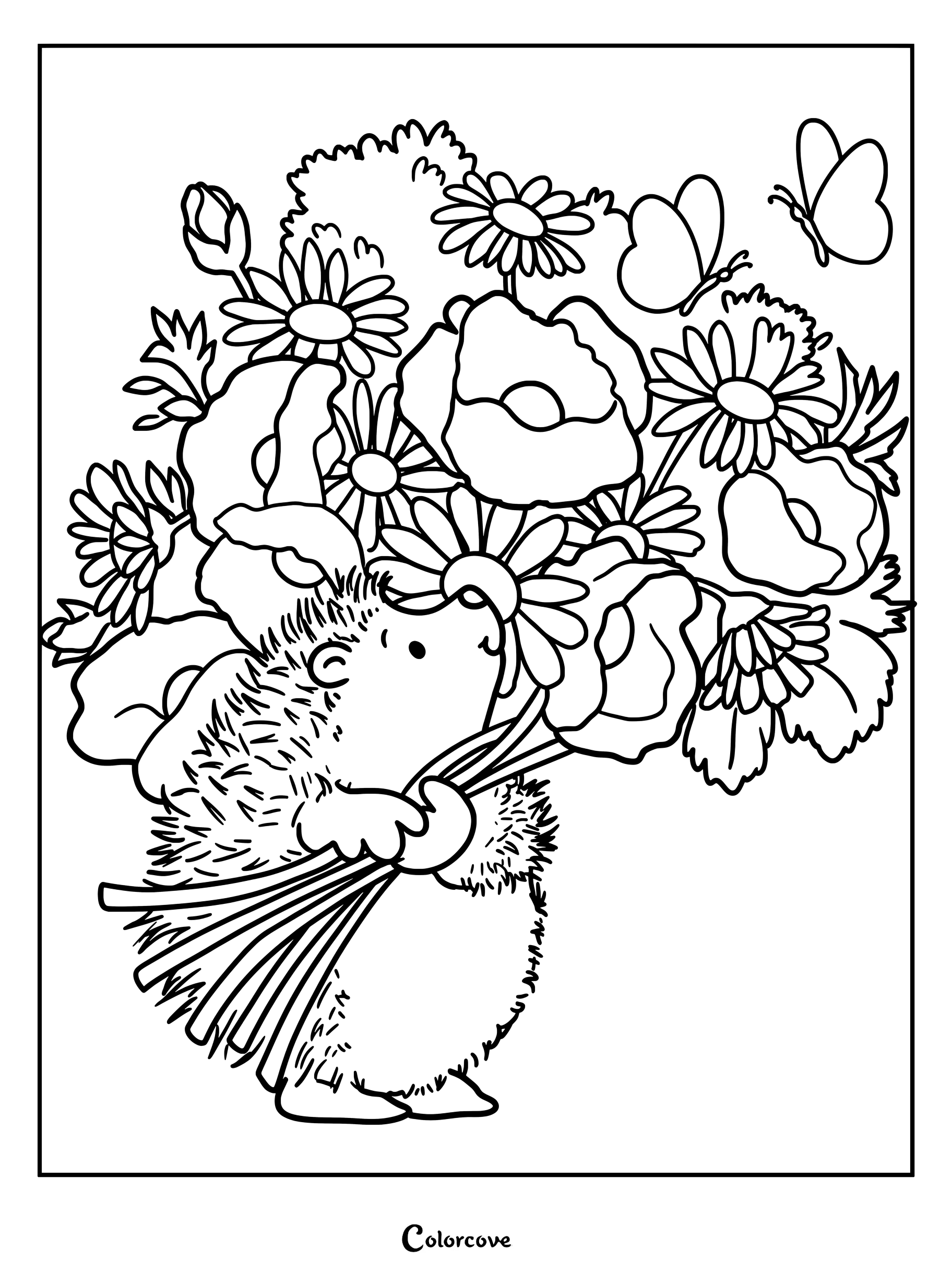 Un adorable hérisson tenant un grand bouquet de marguerites et de coquelicots, avec un papillon volant à proximité, sur cette page de coloriage à imprimer.