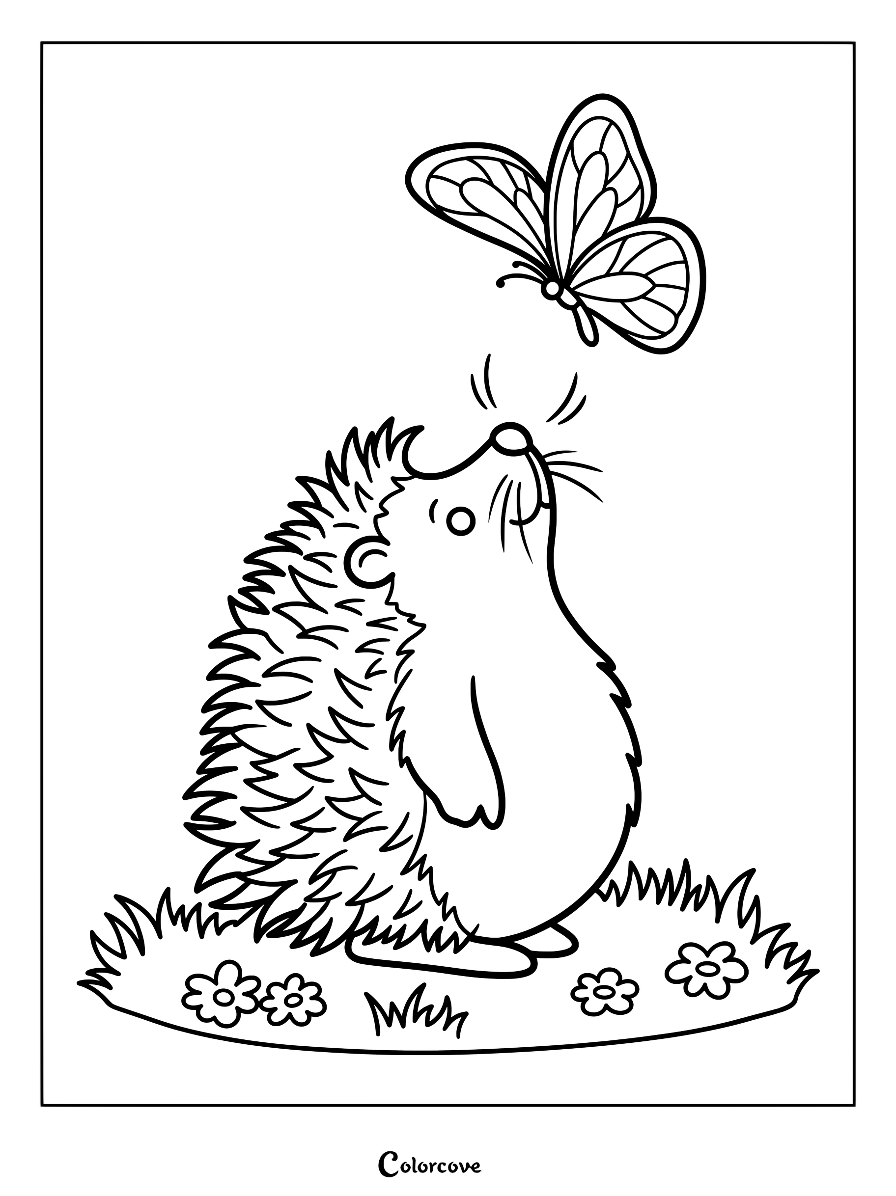 Un adorable hérisson se tient dans un champ herbeux fleuri et regarde un papillon : voici une page de coloriage à imprimer.