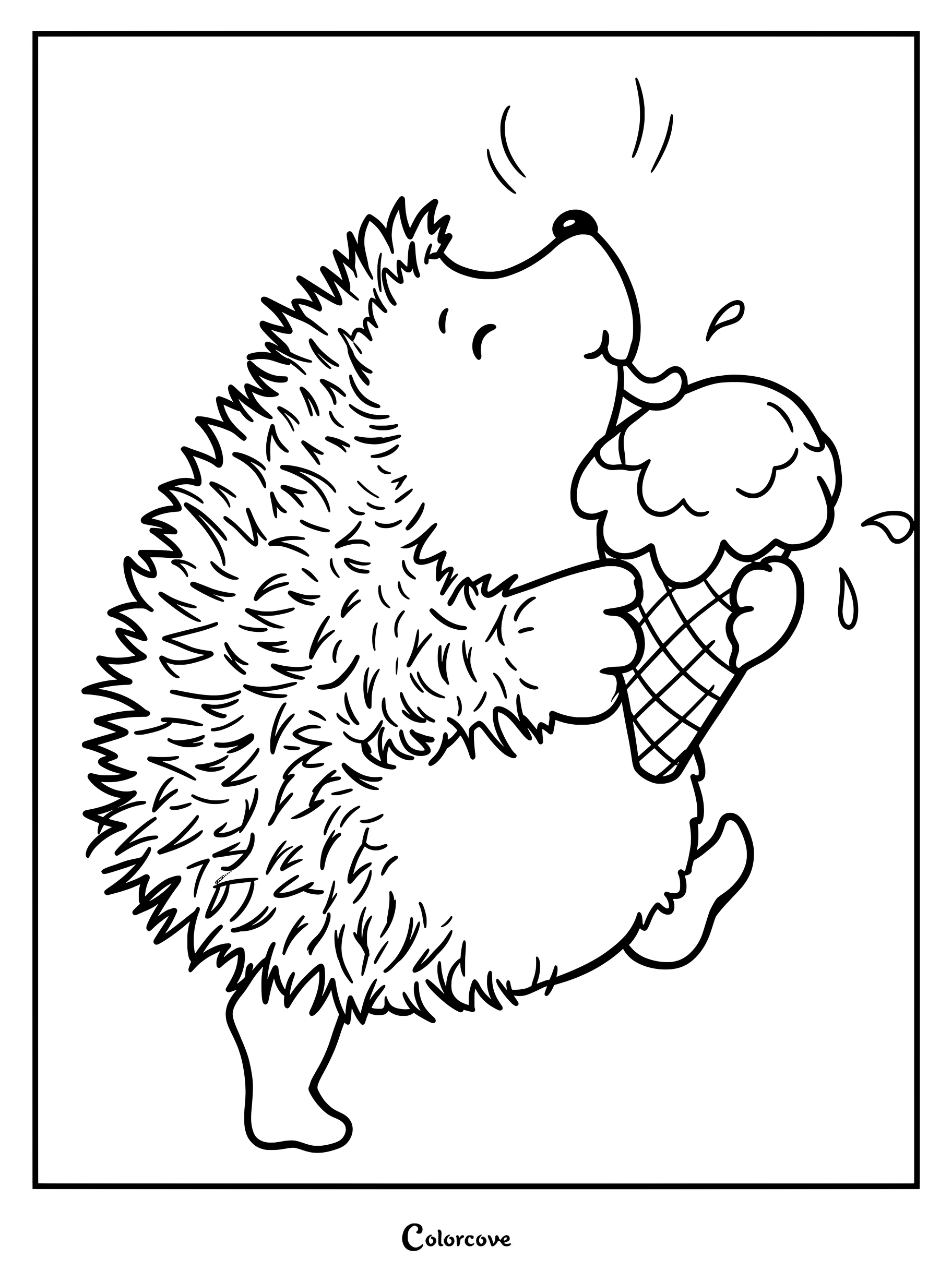 Un adorable hérisson lèche un cornet de glace qui fond sur cette page de coloriage à imprimer.