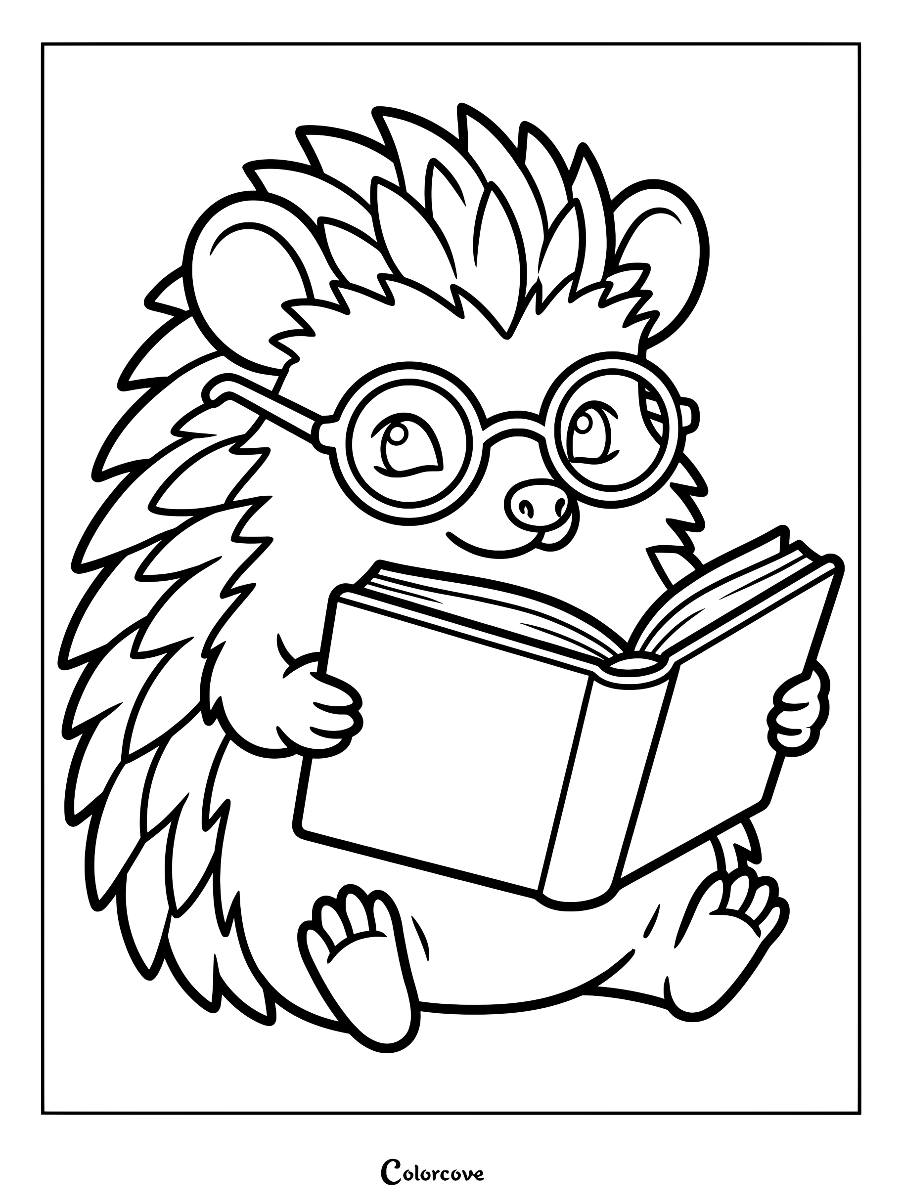 Un adorable hérisson portant des lunettes rondes lit un livre ouvert sur cette page de coloriage à imprimer.